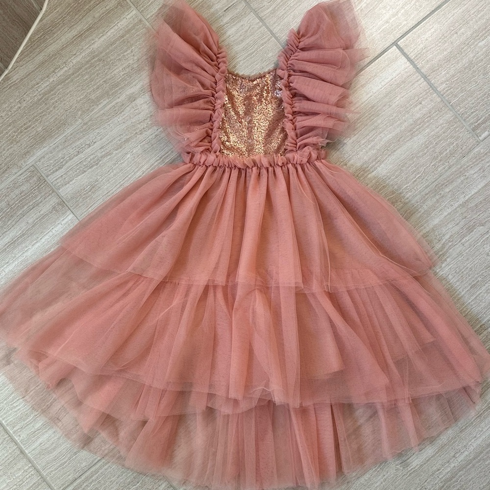 Ruffled Tulle Sequin Bodice Girls Dress - Dusty Rose